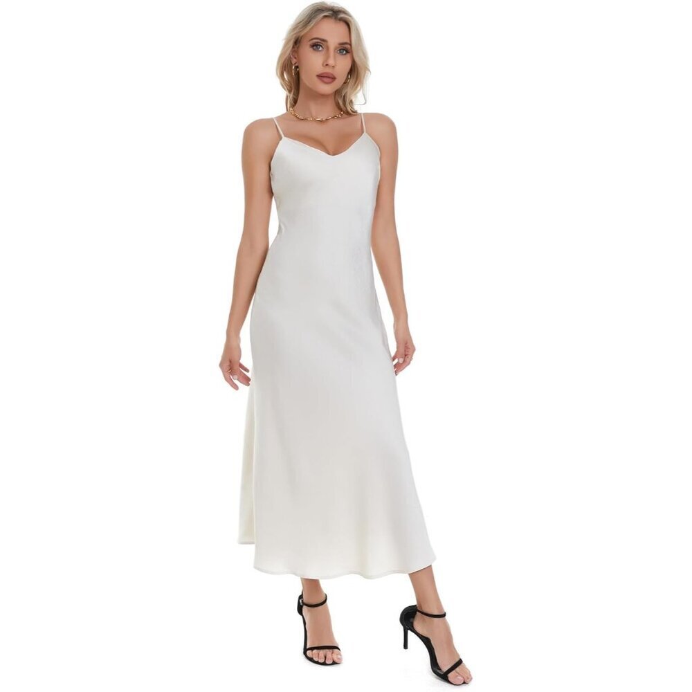 V Neck Satin Dress Women's Bias Cut Maxi Slip Adjustable Straps Cream